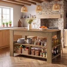 55" Kitchen Island with Storage, Farmhouse Island Table with Drawers and Shelf