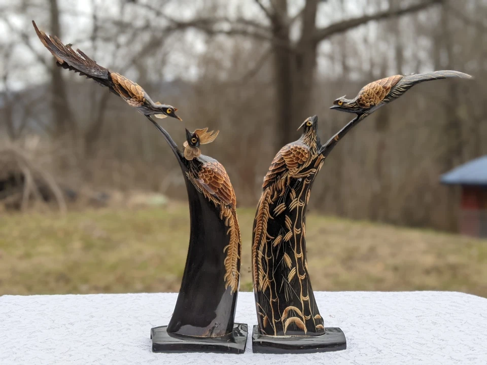 Par de pájaros fénix opuestos finos tallados a mano de 12" cuerno de buey negro estilo asiático Foto 2 de 4