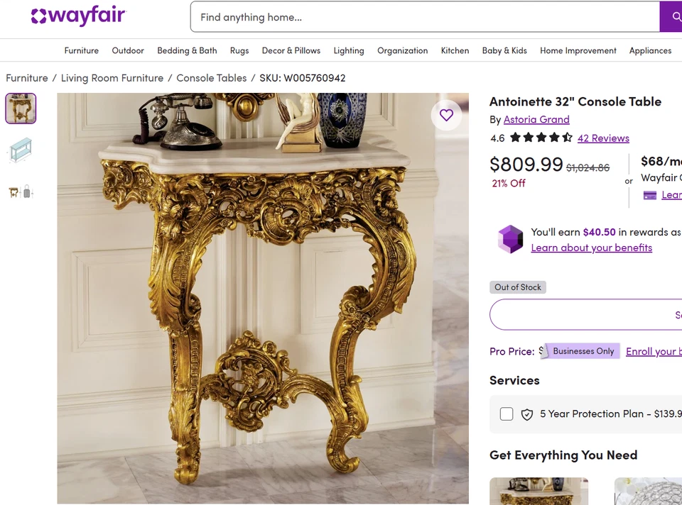 Mesa consola de diseño Toscano Madame Antonieta de montaje en pared, 35 pulgadas, oro antiguo Foto 2 de 4