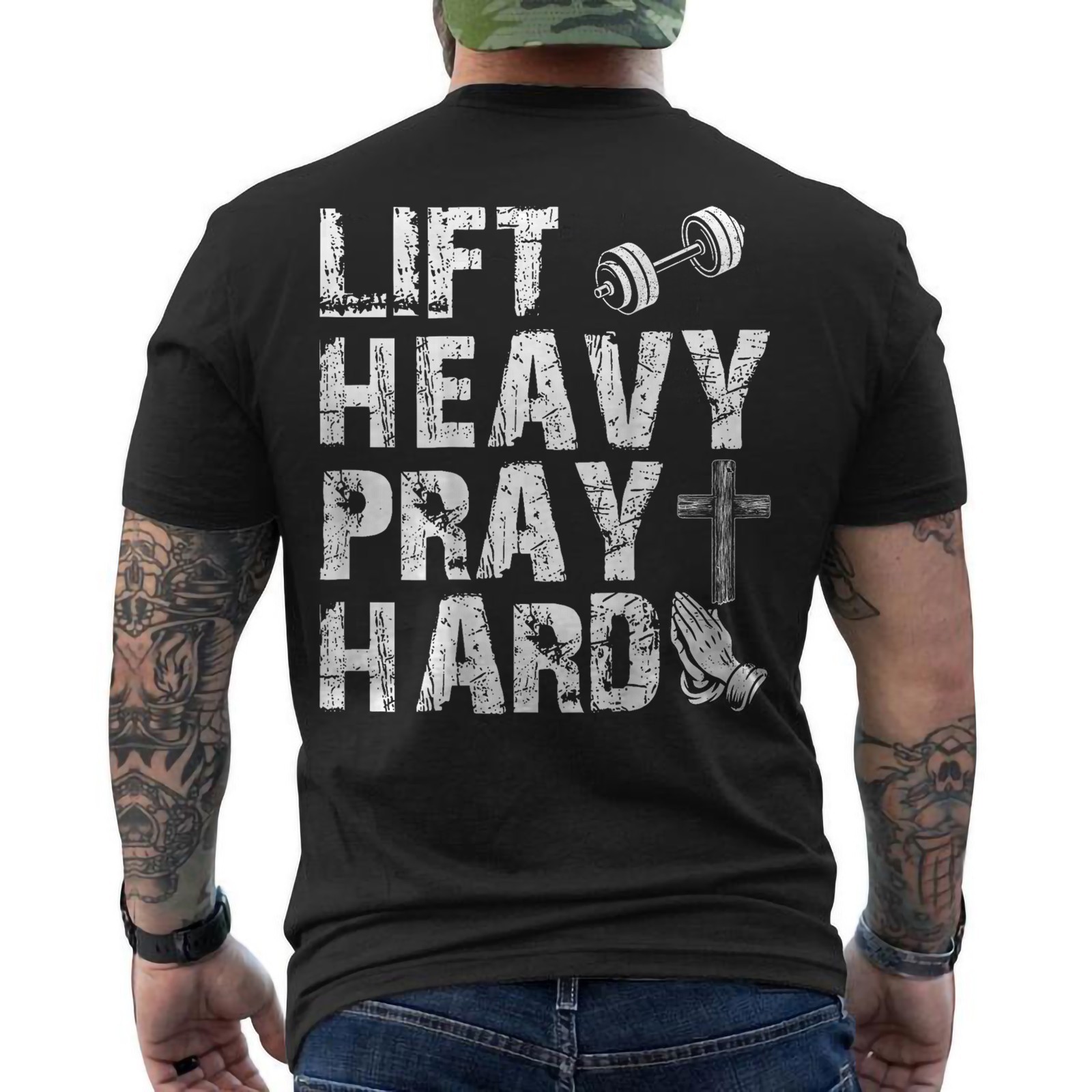 Lift Heavy Pray Hard, Gym Workout Christian Gift For Christian ON BACK T-Shirt