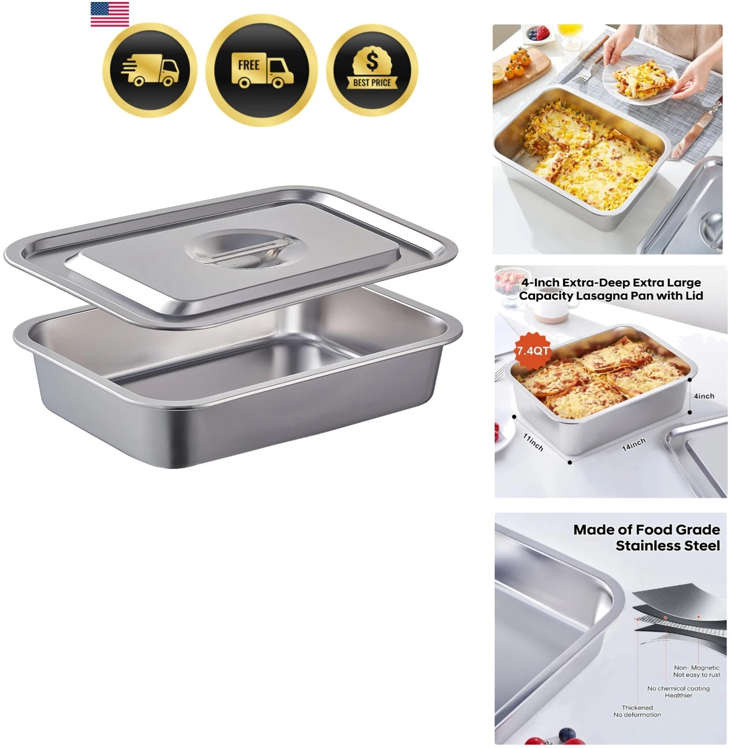 4 Inch Extra Deep Lasagna Baking Pan with Lid, 11x14 Inch 7.4QT Large Stainle...