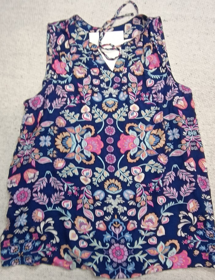 Croft & Barrow Blue Multicolor Floral Sleeveless V-Neck Tie Blouse L