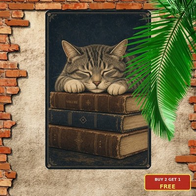 Cozy Library Still Life Sleeping Cat Books Sign Retro Metal Wall Art 8x12