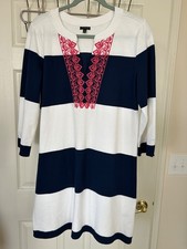 Talbots Size S Blue Striped Knit Knee Length Shirt Dress Embroidered V-Neck