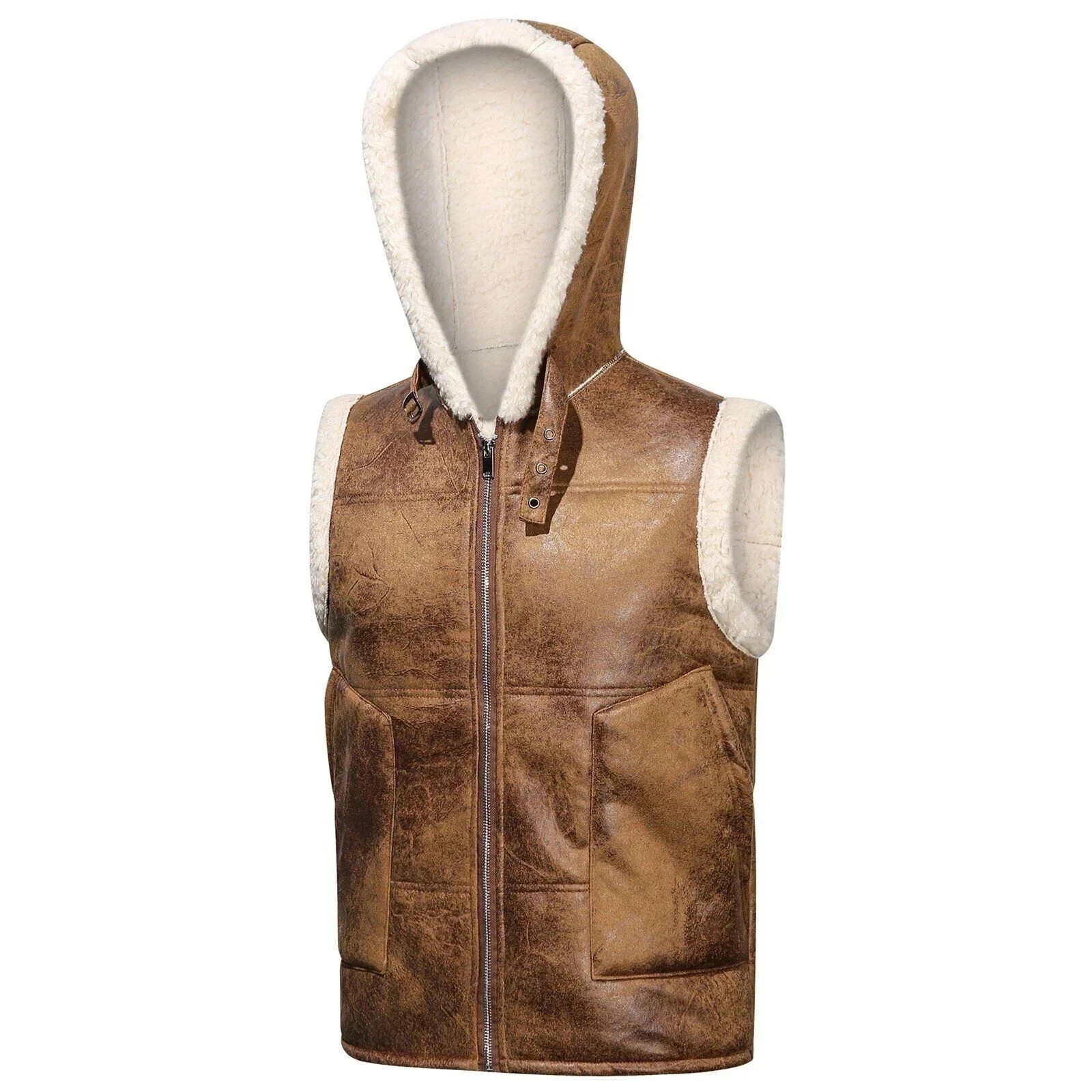Men Aviator RAF B3 Shearling Hooded Bomber Vest Leather Vest Sheepskin Fur Vest