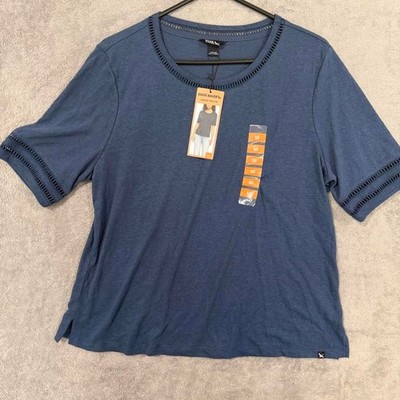 Eddie Bauer Women's Medium Ladder Trim Top Blue Short Sleeve Linen Blend NWT