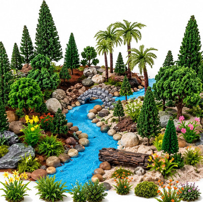 Miniature Diorama Kit 17Pcs Model Trees Stones Bridge for DIY Scenery Hobby