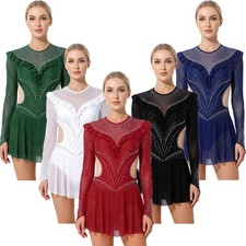 Womens Jumpsuit Shiny Dancewear Ruffled Bodysuit Ballet Rhinestone Practice