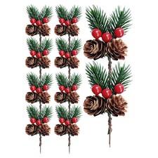 10PCS Christmas Pine Cone Red Berry Picks Stems Floral Picks for Xmas Wreath DIY