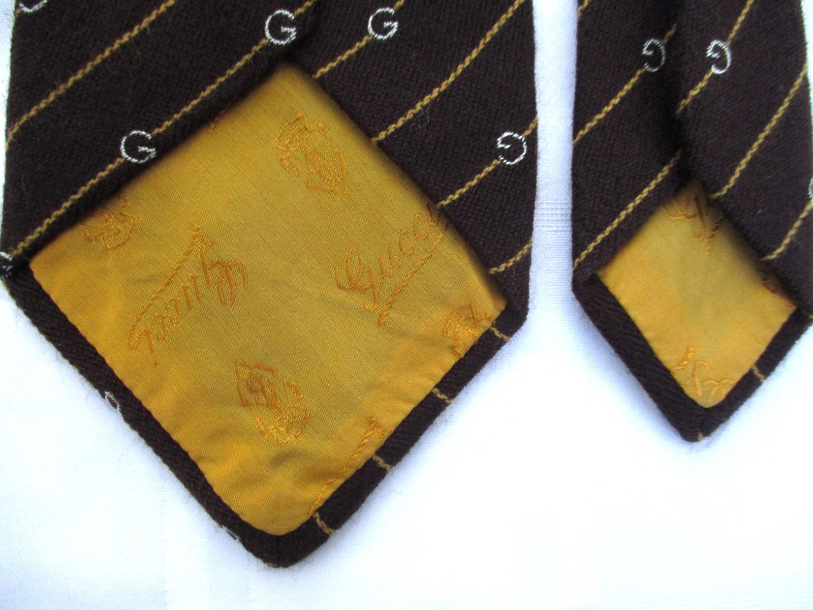 Vintage 70s Gucci Brown Wool and Silk Striped G Logo Tie Italy 57.5 x 3.75 thumbnail 5