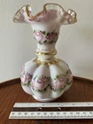 Vintage Fenton Hand Painted Charleton Rose  Peach Crest Melon Vase Gilded