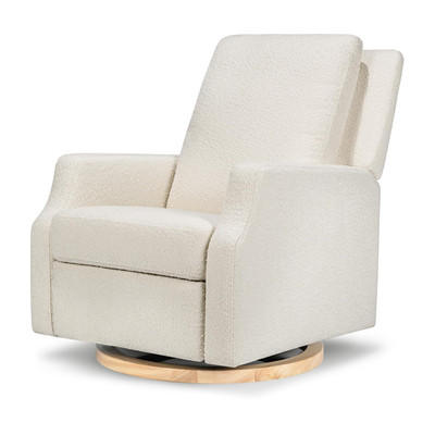Ivory Boucle Swivel Glider Recliner with Light Wood Base, Greenguard Gold