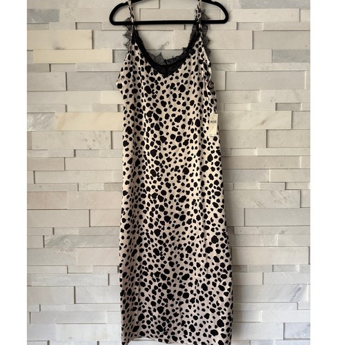 BY ANTHROPOLOGIE Neu mit Etikett V-Ausschnitt hinten offen Spitze Satin Slip Midikleid schwarz/weiße Punkte M - Bild 3 von 10