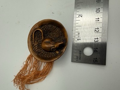Handmade Japanese Netsuke Rat in Textured Dish Toggle w/ Tassel Cord
