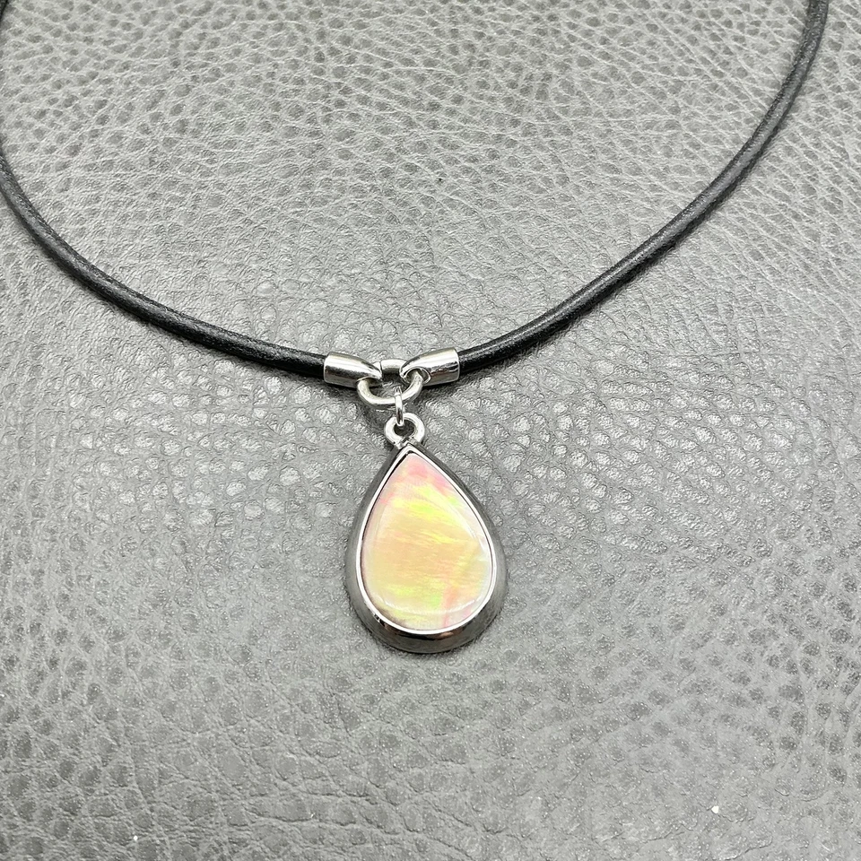 Lia Sophia Teardrop Pendant Necklace Iridescent Abalone Black Cord Silver Tone - Image 4 of 4