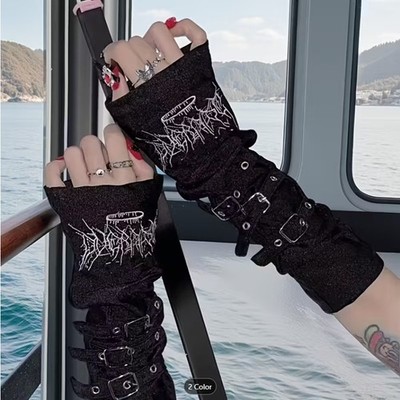 Gothic Black Fingerless Arm Warmers Punk Buckle Gloves Grunge