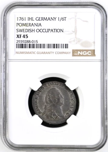 1761 IHL German States Swedish Pomerania 1/6 Thaler, NGC XF 45, KM-412, Germany
