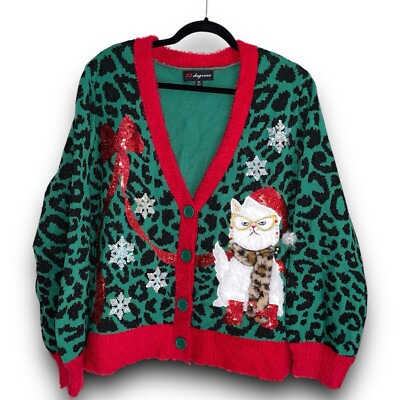 Ugly Christmas Sweater Grumpy Cat Printed Knit Cardigan XL Sparkle Fur Leopard