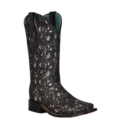 Corral Ladies Glitter Overlay & Embroidery Square Toe Black Boot C4061