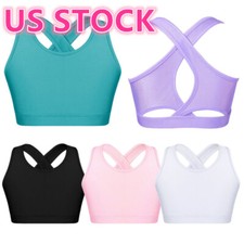 Kids Girls Basic Sports Bra Sleeveless Crisscross Keyhole Back Crop Top Dance