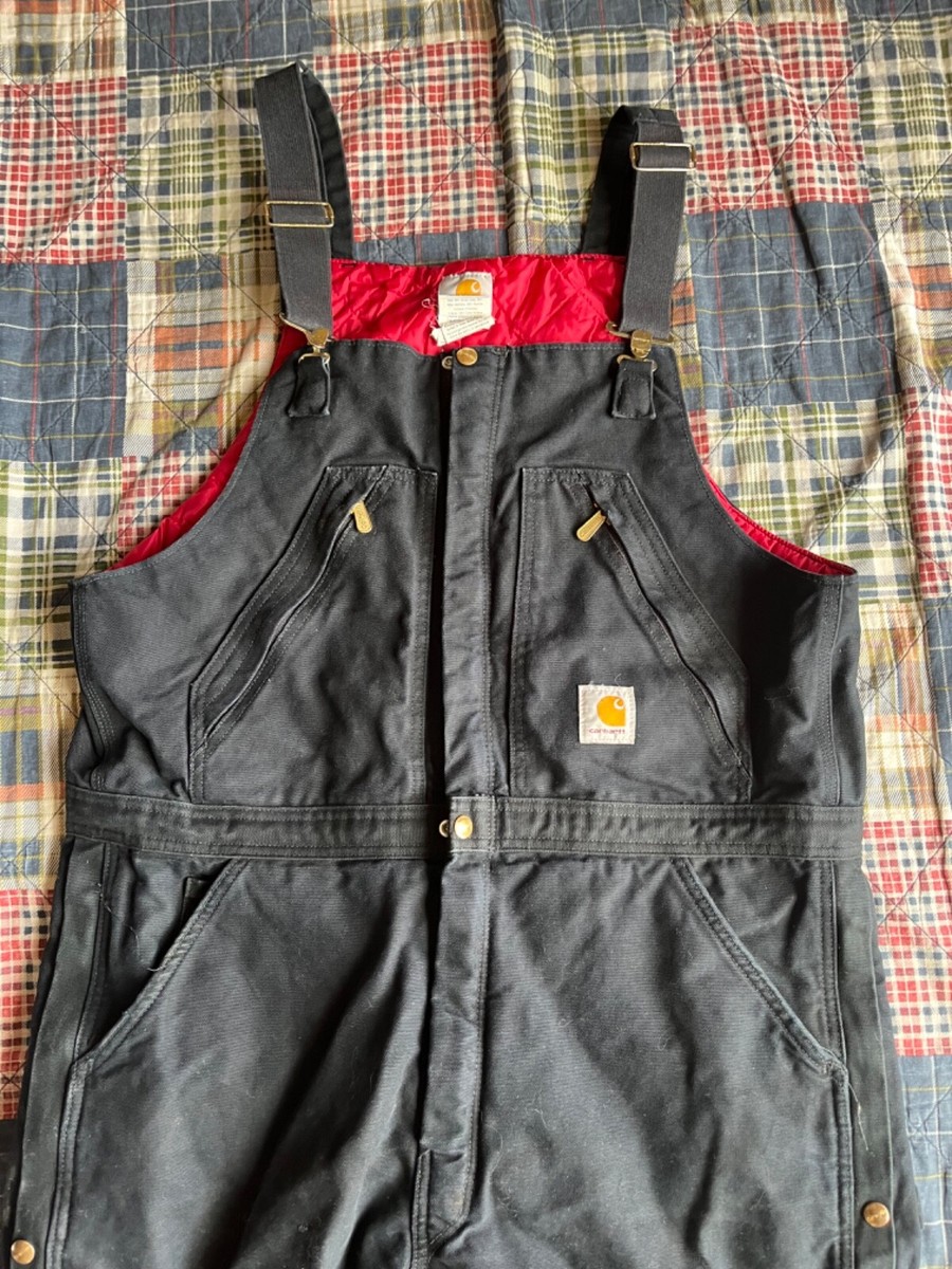 Distressed Carhartt R38 BLK Quilted Double Knee Bib Overalls Men's
