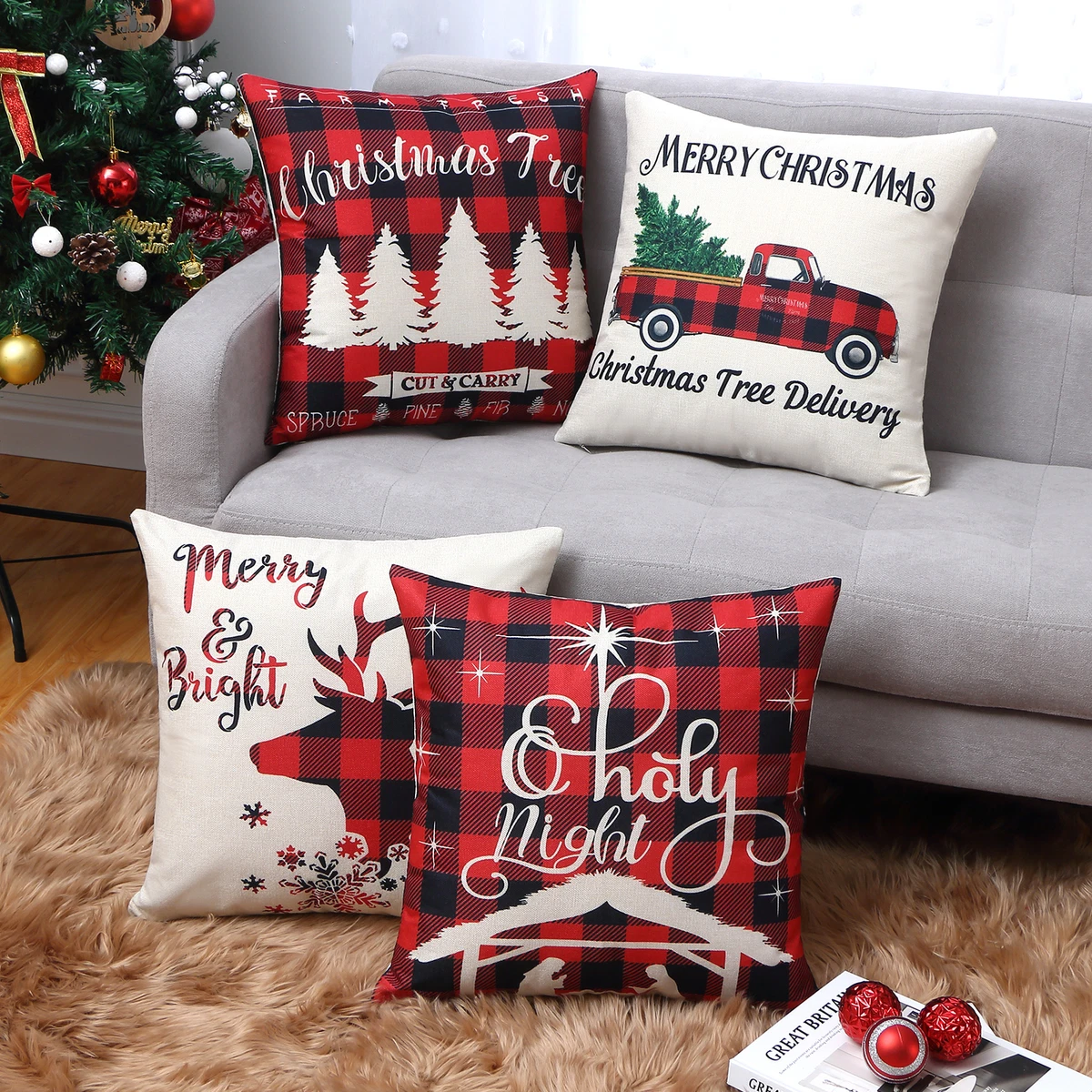 4pcs Blue Christmas Pillow Cases, Farmhouse Christmas Ornaments