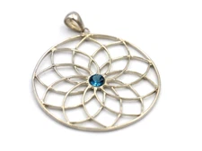 Genuine 9ct 9k White Gold Flower of Life Pendant Set 4mm London Blue Topaz