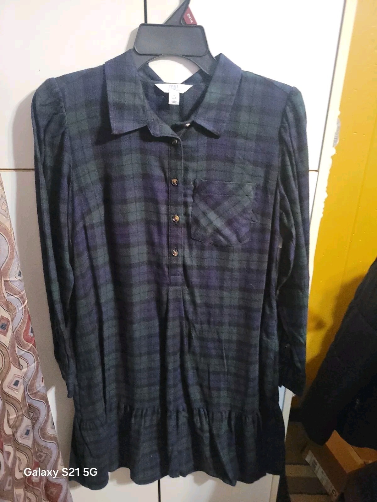 Women's XS Time & Tru Blue Plaid Long Sleeve T-Shirt Dress