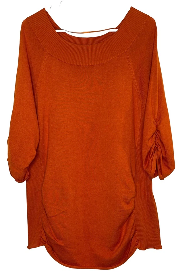 One A Women's Plus 2X Orange Knit Scoop Neck Sweater Ruched Sleeves & Bodice - Image 2 of 4