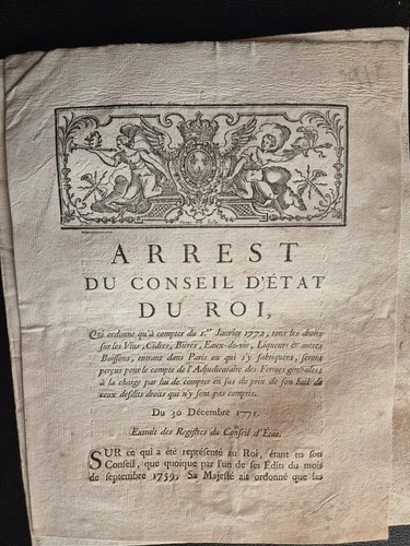 ARREST CONSEIL D'ÉTAT DU ROI 1771 VINS Cidres Bières Eaux-de-vie PARIS Fermes