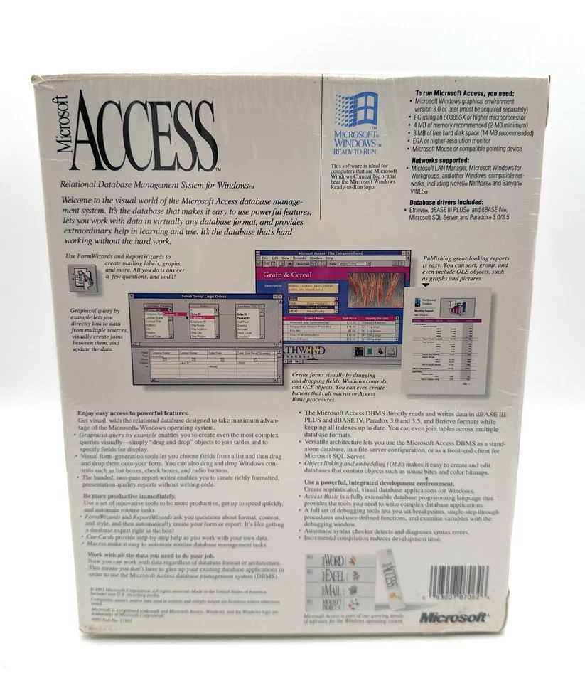 Vintage Microsoft Access v1.0 DBMS Software for Windows - New Sealed Box - Image 3 of 4