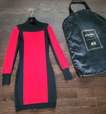 Balmain X H&M Red & Black Knit Mini Dress With Gold Zipper Size 4 Worn Once