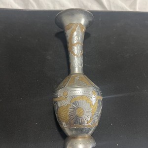 10” Vintage Brass Bud Vase Sarna Bros India Etched Ornate Floral Design