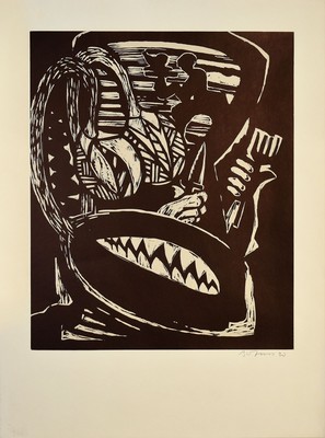 Barfuss, Medienkonkurrenz. 1989. Signierter Orig.-Holzdruck auf farbigem Fond.