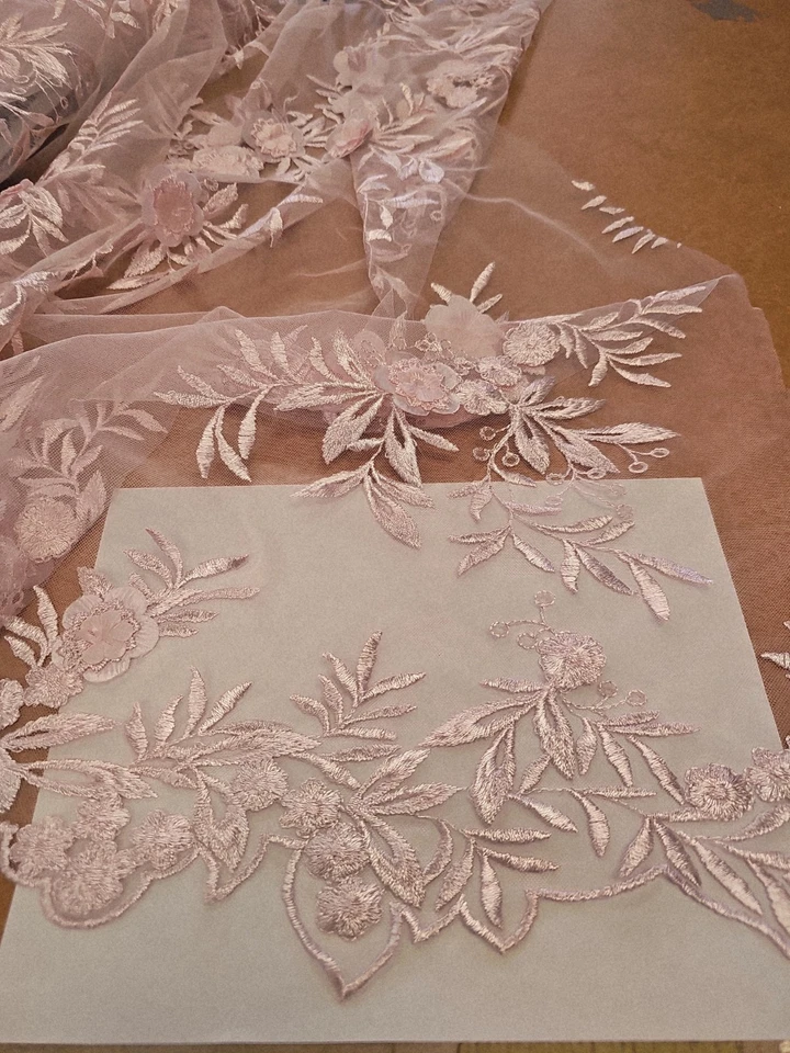 1. 1/2 yd Pink Lace Scallop Floral Applique Fabric Special Occasion - Image 4 of 4