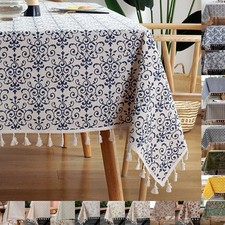 Floral Cotton Linen Tablecloth Rectangle Square Round Dining Table Cover Tassels