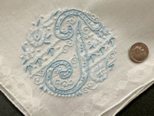 A White Vintage Hankie Madeira Style Blue Monogram T Hand Embroidered Bride