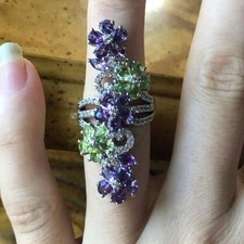 Natural Amethyst Peridot Sterling Silver Cocktail Ring Size 5.25