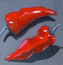 ORIGINAL still life oil painting, red  chillies, by peter smith