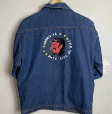 Vintage XL Denim Jacket Calm Graphic Red Devil Stars Aroria AS Blue Rare
