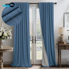 Denim Blue Blackout Curtains  Drapes 84 Inch Length 2 Panels Set Faux Linen