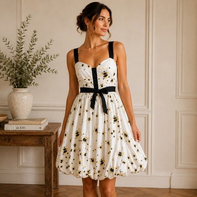 Diane von Furstenberg Bee Print SZ6 Cotton Dress Button Front Bubble Hem Whimsy