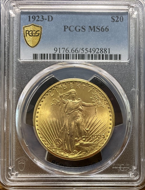 1923-D GOLD $20 SAINT GAUDENS DOUBLE EAGLE PCGS MS66