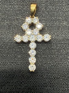 Authentic The Gold Gods Diamond Ankh Cross Pendant 18KGP Yellow Gold Plated Iced Out