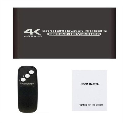 3-Port 4K HDMI Switcher 3x1 with IR Remote, Up to UHD 4K-3 In X 1 Out