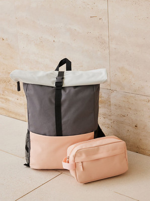 WOW! Rucksack-Set 2 teilig Kurieroptik Rucksack &Kosmetiktasche grau apricot NEU