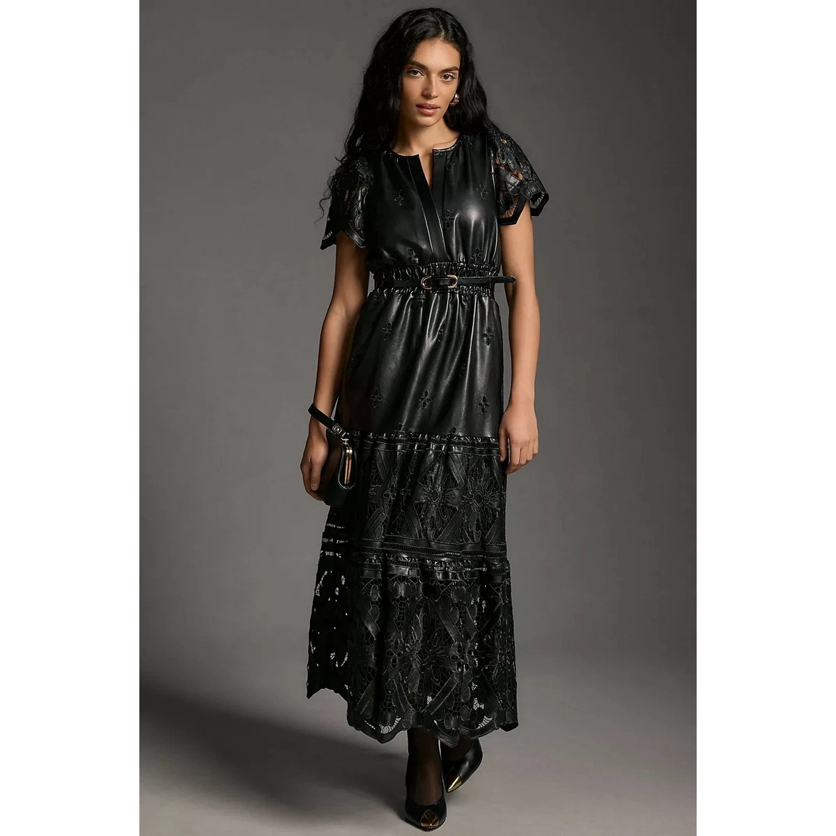 french connection leather dress The Sexy French Lace Leather Dress 8 / Black Lambskin Leather