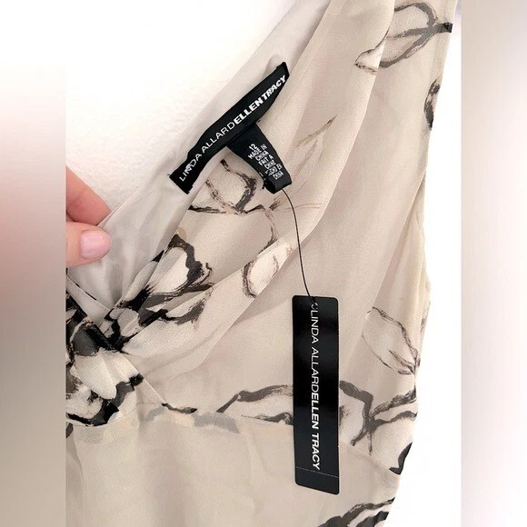 全新带标签 100% 真丝 Linda Allard Ellen Tracy Fairy Coquette 花卉米色懒人连衣裙 12 — 第 3/4 张图片