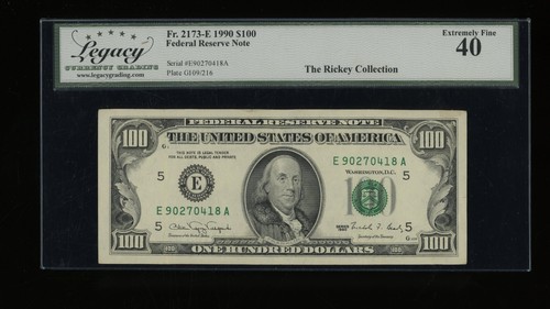 DBR 1990 $100 FRN Richmond Fr. 2173-E Legacy XF-40 Serial E90270418A - Picture 1 of 2