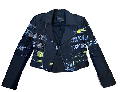 Authentic Designer BCBG MAX AZRIA Tess Stripe Floral Moto Jacket Women Black Zip